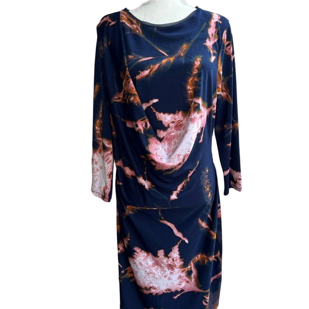 Simply Vera Wang 3/4 Sleeve Blue Pink Diagonal Drape Abstract Print Dress size L